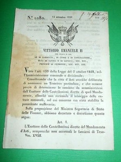 Decreti Regno Sardegna Torino Esattore Contribuzioni Mandamento d' Asti 1850