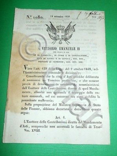 Decreti Regno Sardegna Torino Esattore Contribuzioni Mandamento d' Asti 1850
