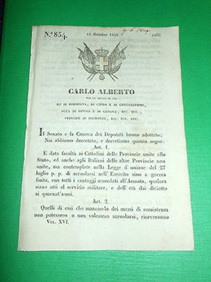 Decreti Regno Sardegna Torino Facoltà Cittadini di arruolarsi nell' Esercito … | Immagine principale