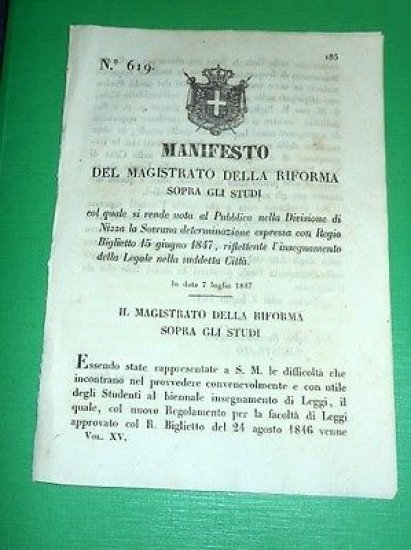 Decreti Regno Sardegna Torino Insegnamento della Legale a Nizza 1847 | Immagine principale