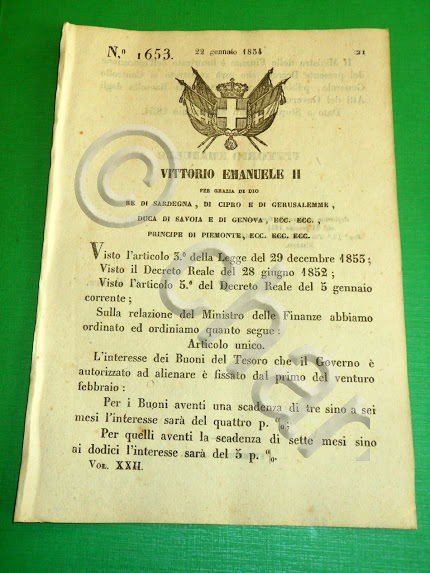 Decreti Regno Sardegna Torino Interessi Buoni del Tesoro 1854