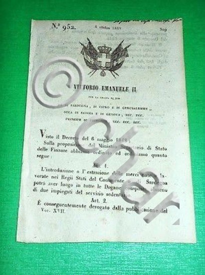 Decreti Regno Sardegna Torino Introduzione o Estrazione Merci 1849