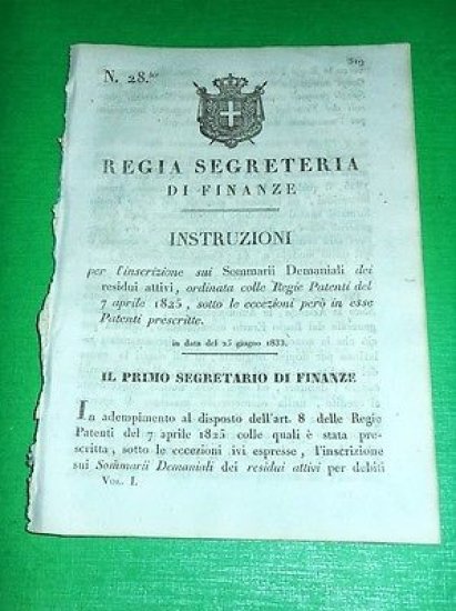 Decreti Regno Sardegna Torino Istruzioni Iscrizione sui Sommarii Demaniali 1833