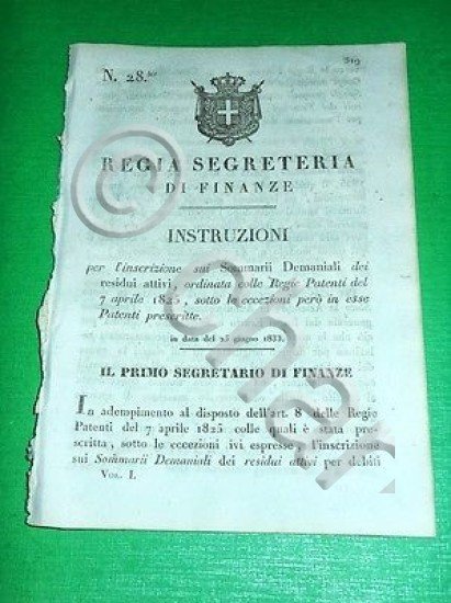 Decreti Regno Sardegna Torino Istruzioni Iscrizione sui Sommarii Demaniali 1833