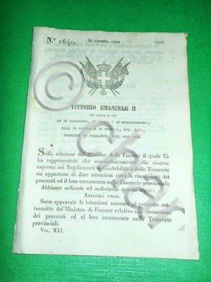 Decreti Regno Sardegna Torino Istruzioni Riscossione e Versamento Proventi 1853