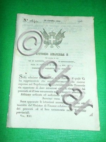 Decreti Regno Sardegna Torino Istruzioni Riscossione e Versamento Proventi 1853