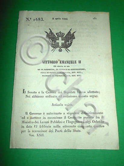 Decreti Regno Sardegna Torino Lavori Pubblici e Ingegnere Luigi Orlando 1854