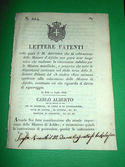 Decreti Regno Sardegna Torino Lettere Patenti Miniere d' Asfalto e …