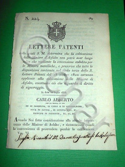 Decreti Regno Sardegna Torino Lettere Patenti Miniere d' Asfalto e …