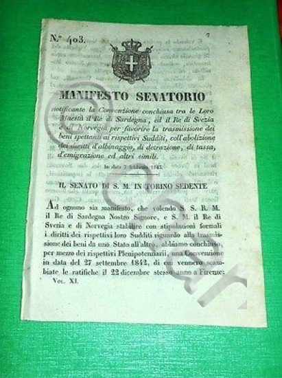 Decreti Regno Sardegna Torino Manifesto Convenzione Emigrazione Svezia 1843