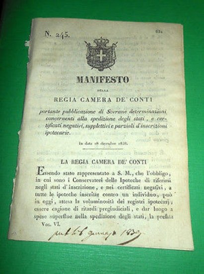 Decreti Regno Sardegna Torino Manifesto Stato Inscrizioni Ipotecarie 1838