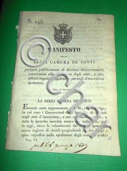 Decreti Regno Sardegna Torino Manifesto Stato Inscrizioni Ipotecarie 1838