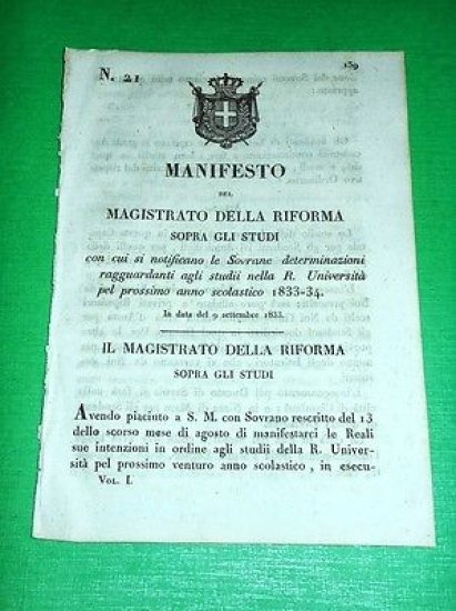 Decreti Regno Sardegna Torino Manifesto Studii R. Università 1833/1834 | Immagine principale