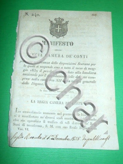 Decreti Regno Sardegna Torino Manifesto Tariffa Generale delle Dogane 1838