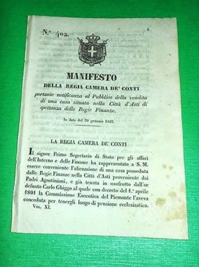 Decreti Regno Sardegna Torino Manifesto Vendita Casa nella Città di Asti 1843