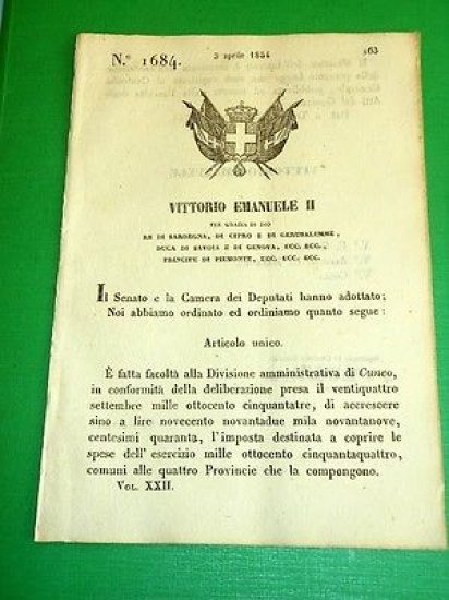 Decreti Regno Sardegna Torino N.° 1684 Divisione Amministrativa di Cuneo … | Immagine principale