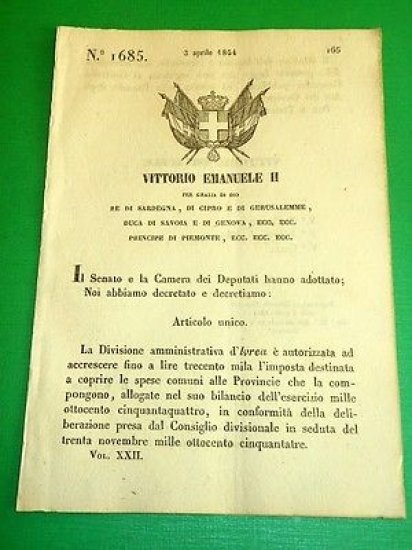 Decreti Regno Sardegna Torino N.° 1685 Divisione Amministrativa d' Ivrea … | Immagine principale