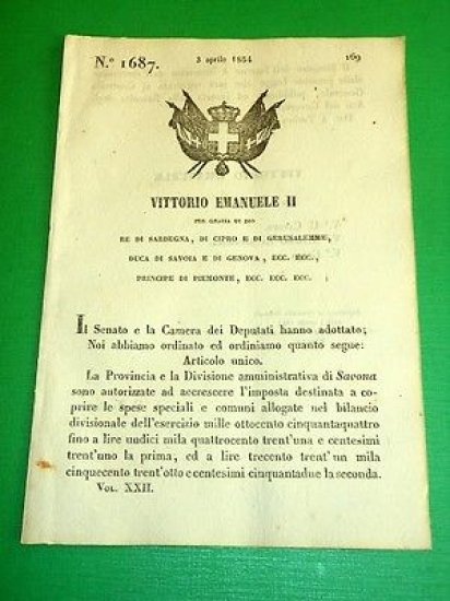 Decreti Regno Sardegna Torino N.° 1687 Divisione Amministrativa di Savona …