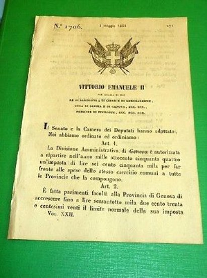 Decreti Regno Sardegna Torino N.° 1706 Divisione Amministrativa di Genova … | Immagine principale