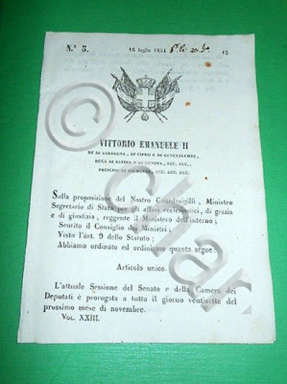 Decreti Regno Sardegna Torino Proroga Sessione Senato e Camera dei …