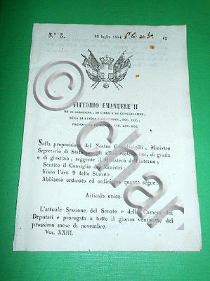 Decreti Regno Sardegna Torino Proroga Sessione Senato e Camera dei …