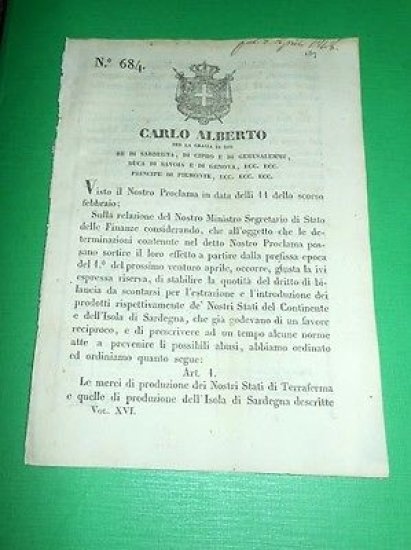 Decreti Regno Sardegna Torino Quotità del Diritto di Bilancia 1848 | Immagine principale