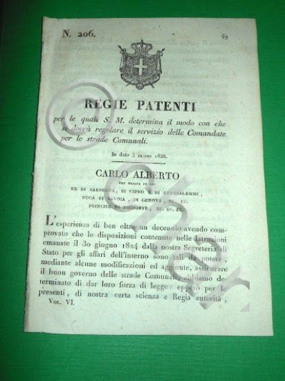 Decreti Regno Sardegna Torino Regie Patenti Comandate per le strade …