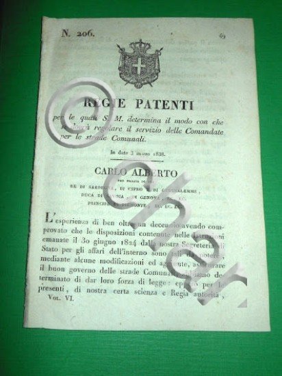 Decreti Regno Sardegna Torino Regie Patenti Comandate per le strade …