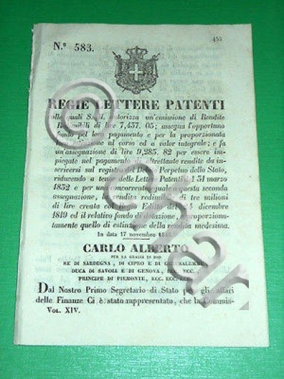 Decreti Regno Sardegna Torino Regie Patenti Registro Debito Perpetuo dello …