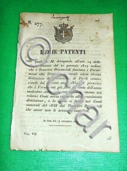 Decreti Regno Sardegna Torino Regie Patenti Versamenti Tesoreria Generale 1839