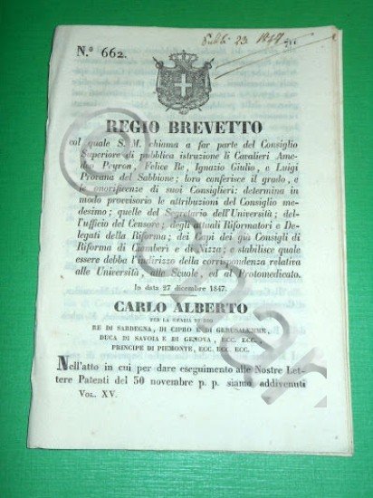 Decreti Regno Sardegna Torino Regio Brevetto Consiglio Superiore 1847