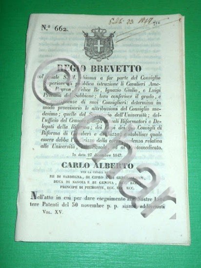 Decreti Regno Sardegna Torino Regio Brevetto Consiglio Superiore 1847