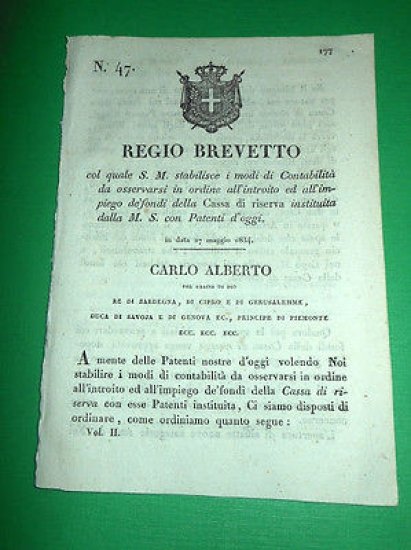 Decreti Regno Sardegna Torino Regio Brevetto Contabilità Cassa di Riserva … | Immagine principale
