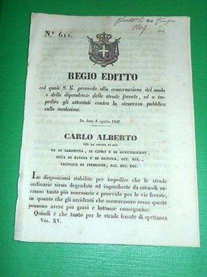 Decreti Regno Sardegna Torino Regio Editto Suolo e Dipendenze Ferrovie …