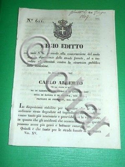 Decreti Regno Sardegna Torino Regio Editto Suolo e Dipendenze Ferrovie …