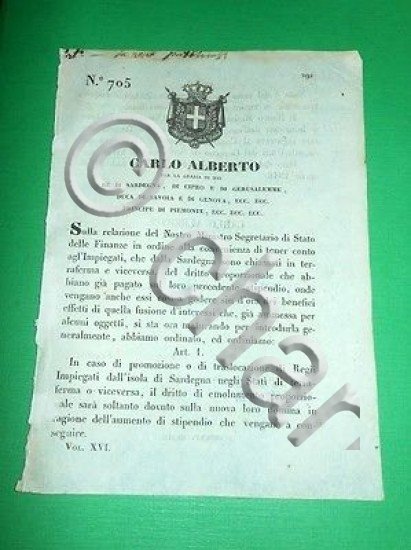 Decreti Regno Sardegna Torino Regolamento Diritto d' Emolumento 1848