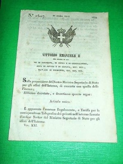 Decreti Regno Sardegna Torino Regolamento e Tariffa Corrispondenza Telegrafica | Immagine Gallery 1
