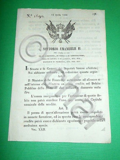 Decreti Regno Sardegna Torino Rendita Annua sul Debito Pubblico 1854