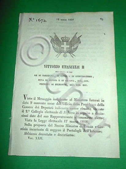Decreti Regno Sardegna Torino Secondo Collegio Elettorale di Alghero 1854