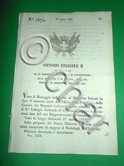 Decreti Regno Sardegna Torino Secondo Collegio Elettorale di Alghero 1854