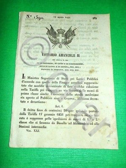 Decreti Regno Sardegna Torino Tariffa Trasporti Ferrovie Busalla Alessandria 853
