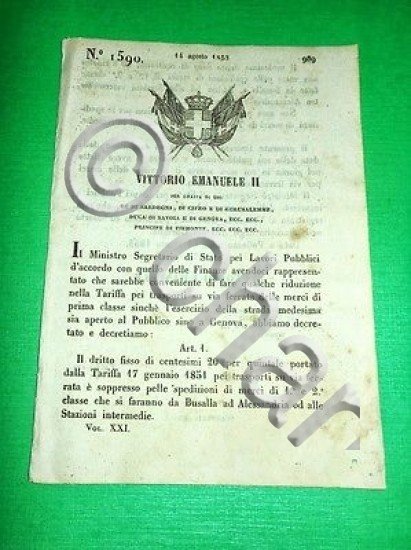 Decreti Regno Sardegna Torino Tariffa Trasporti Ferrovie Busalla Alessandria 853