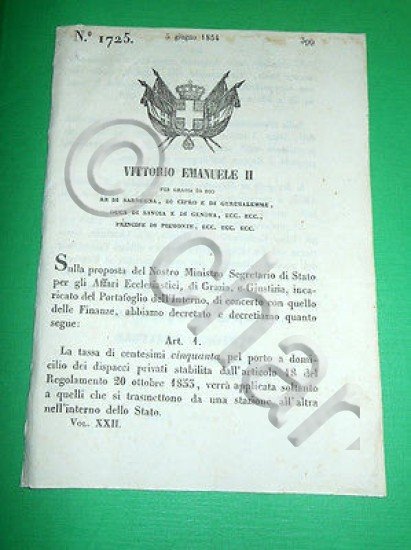 Decreti Regno Sardegna Torino Tassa Porto a Domicilio Dispacci Privati …