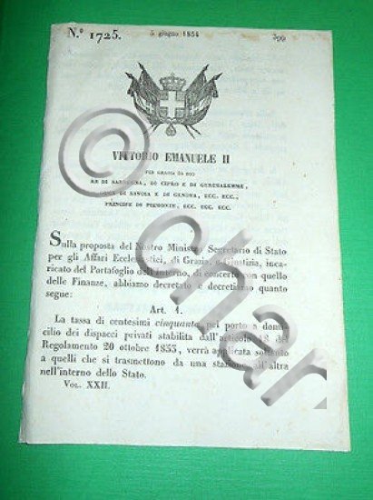 Decreti Regno Sardegna Torino Tassa Porto a Domicilio Dispacci Privati …