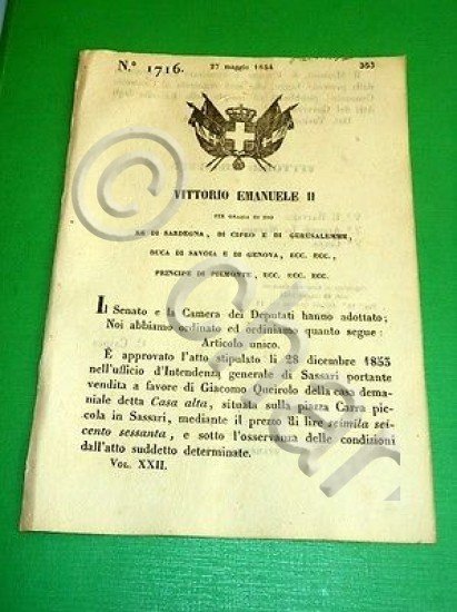 Decreti Regno Sardegna Torino Vendita Casa Alta a Giacomo Queirolo Sassari 1854