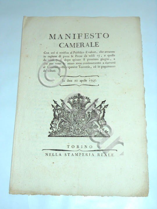 Decreti Rgno Sardegna Manifesto Camerale Cambio Pezze da Soldi 1795