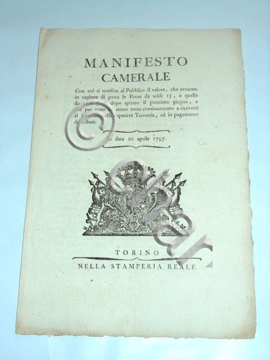 Decreti Rgno Sardegna Manifesto Camerale Cambio Pezze da Soldi 1795