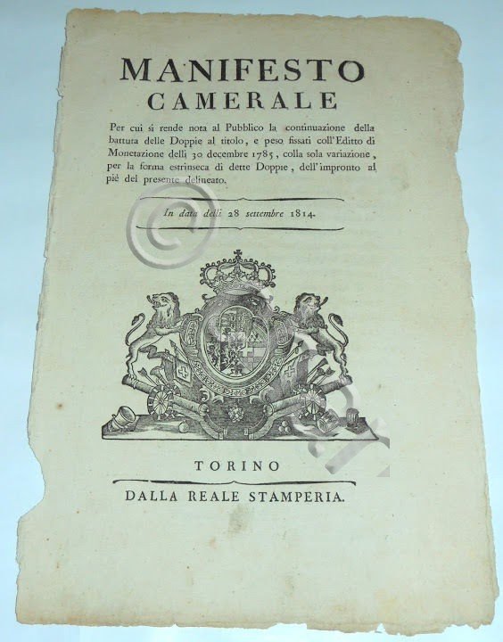 Decreti Rgno Sardegna Manifesto Camerale Monete Zecca Battuta delle Doppie …