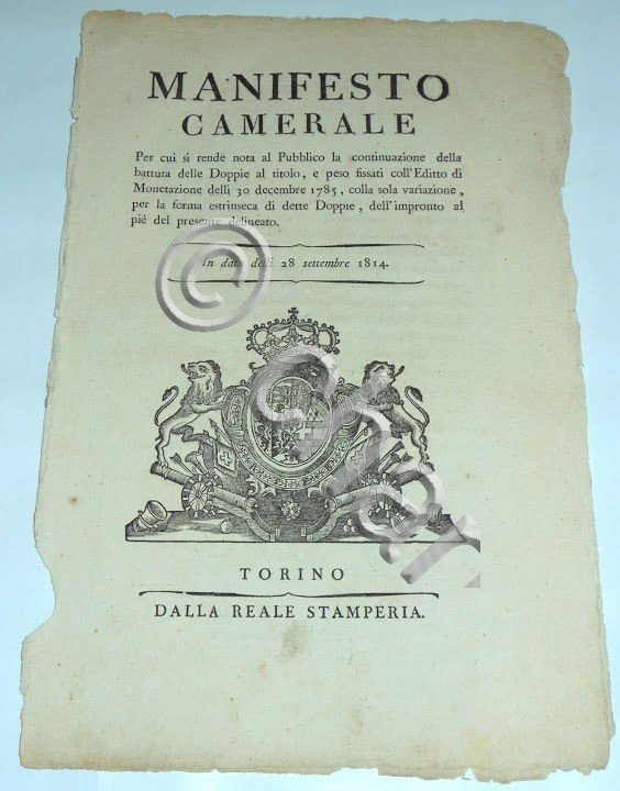 Decreti Rgno Sardegna Manifesto Camerale Monete Zecca Battuta delle Doppie …