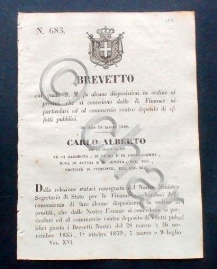 Decreto Carlo Alberto - Brevetto prestiti che si concedono dalle …